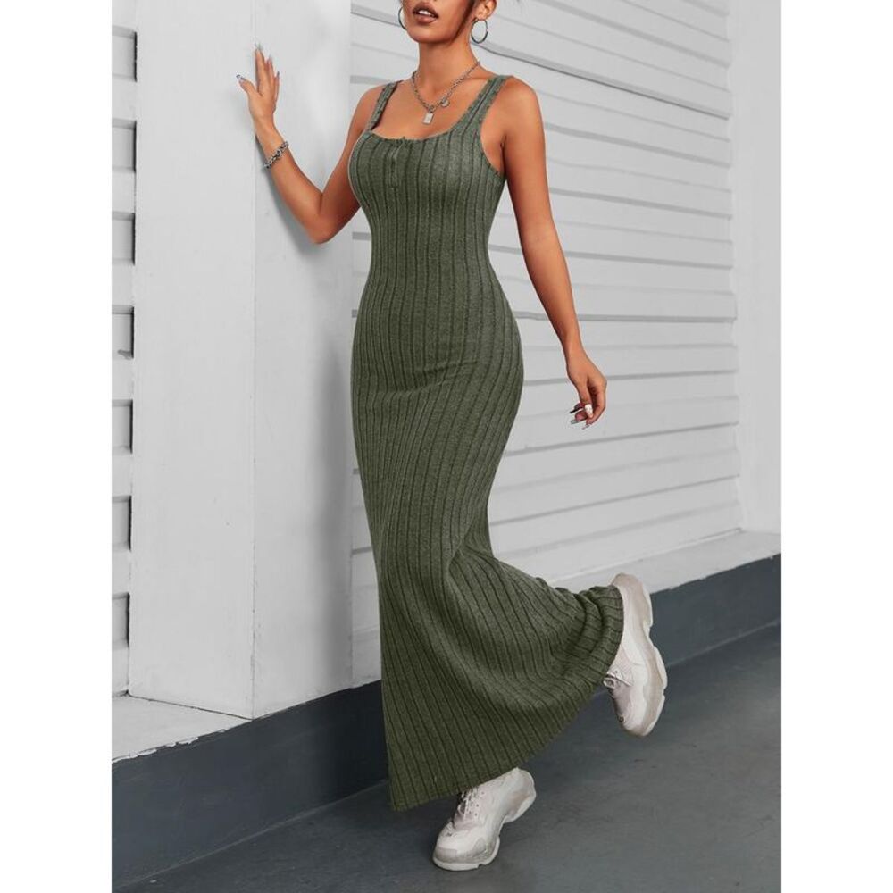 Everyday the Label Ribbed Knit Maxi Dress Button Detail Women Army Green Dresses